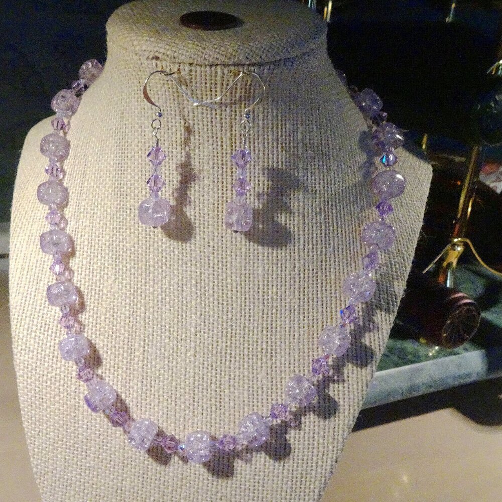 Hand-crafted artisanal necklace/earring set in lavender cubes and Czech crystals